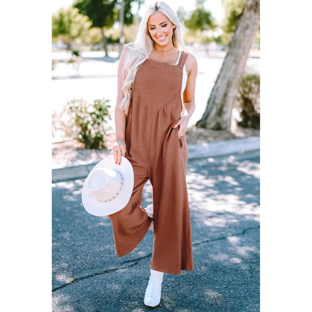 Gold Flame Textured Buttoned Straps Ruched Wide Leg Jumpsuit Dear lover