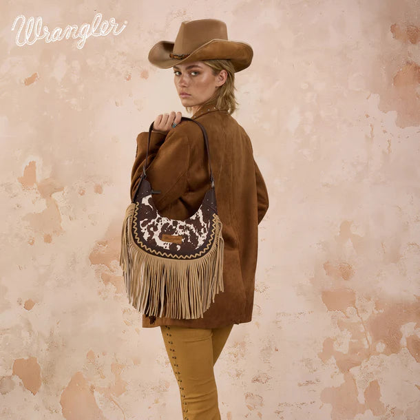 Wrangler Cow Print Fringe Shoulder Hobo Bag Montana West