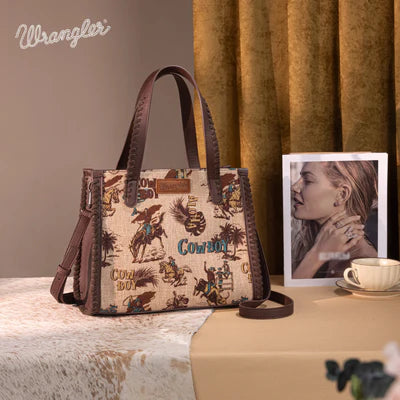 Wrangler Vintage Retro Cowboy Cool Print Concealed Carry Satchel/Crossbody -Tan