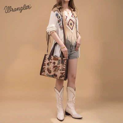 Wrangler Vintage Retro Cowboy Cool Print Concealed Carry Satchel/Crossbody -Tan