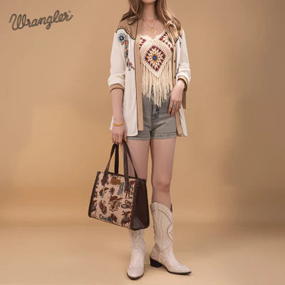 Wrangler Vintage Retro Cowboy Cool Print Concealed Carry Satchel/Crossbody -Tan