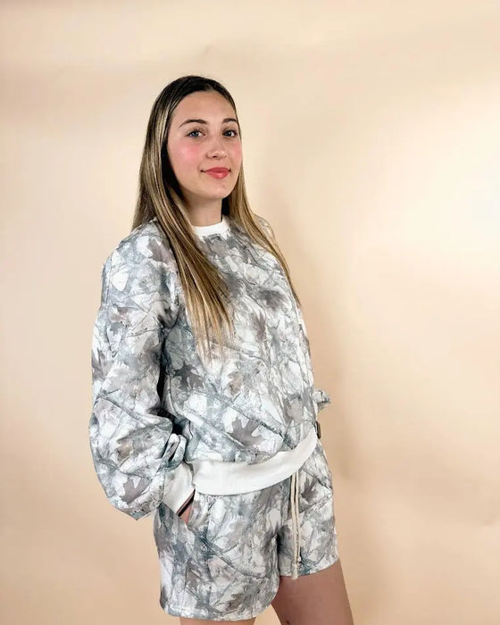 Baggy Camo Print Pullover & Drawstring Shorts Set Dear lover