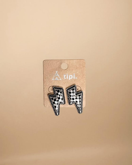 Checker Thunder Bolt Stud Earrings