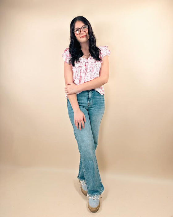 Floral Ruffled Short Sleeve Bow Square Neck Blouse