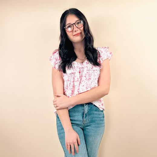 Floral Ruffled Short Sleeve Bow Square Neck Blouse