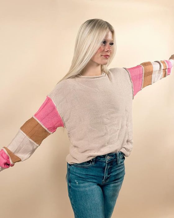 Taupe Color block Exposed Seam Round Neck Sweater