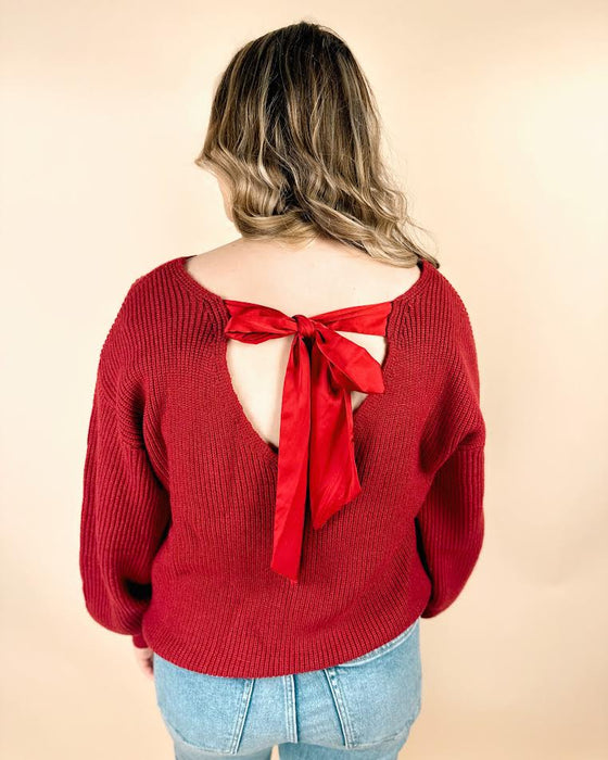 Ribbed Backless Ribbon Knot Sweater