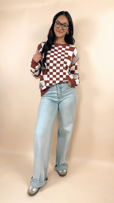 Checkered Print Round Neck Sweater