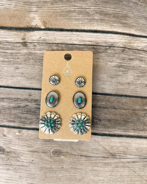 Western Concho Flower Gem Stone Stud Earrings Set BlandiceJewelry