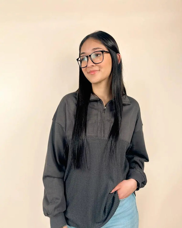 Waffle Knit Half Zipped Sweatshirt Dear lover