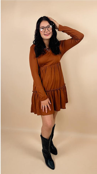 Ribbed Frilled Trim Long Sleeve Mini Dress