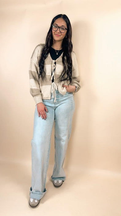 Khaki Striped Color Block Brushed Knit Bow Tie Front Sweater Cardigan