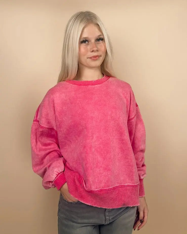 Acid Wash Fleece Oversized Long Crop Pullover Zenana