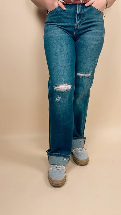 Risen Tummy Control High Rise Straight Leg Distressed