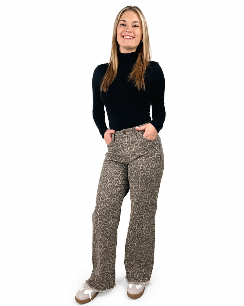 Brown leopard frayed wide leg high waist jeans - full model view on white background