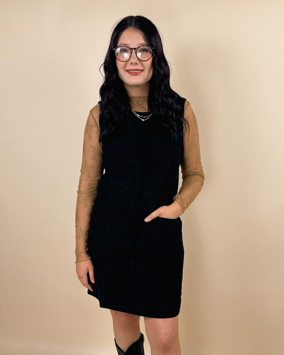 Black Corduroy Sleeveless Mini Dress With Patched Pockets