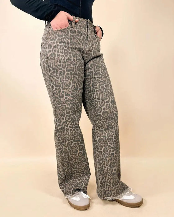 Brown Leopard Frayed Wide Leg High Waist Jeans Dear lover