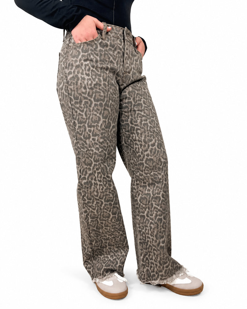 Brown leopard frayed wide leg high waist jeans - detail view on white background