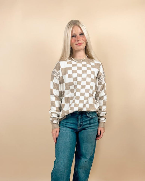Checkered Print Round Neck Sweater