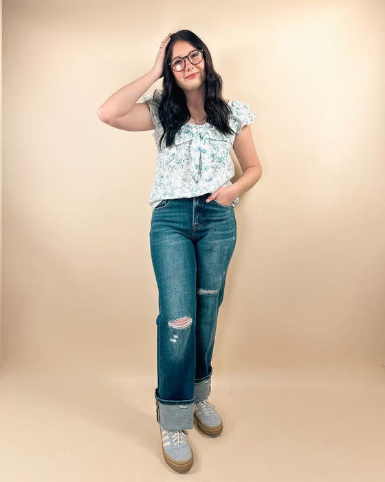 Floral Ruffled Short Sleeve Bow Square Neck Blouse