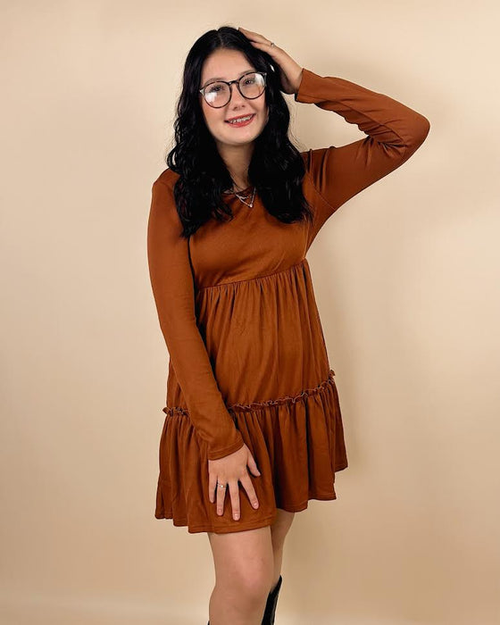 Ribbed Frilled Trim Long Sleeve Mini Dress