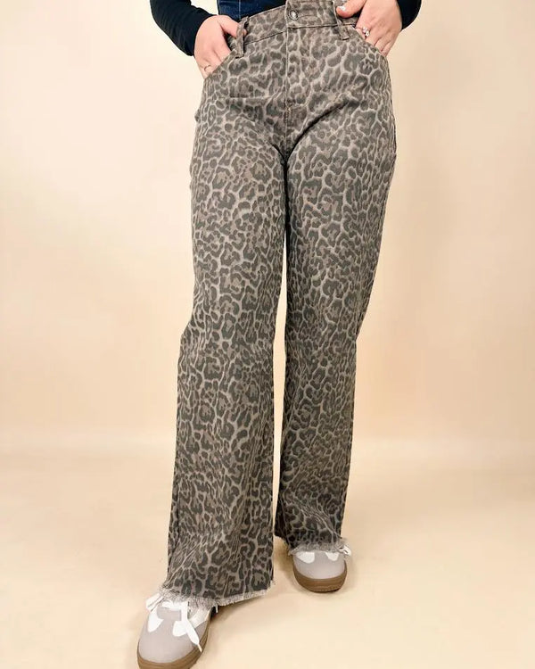 Brown Leopard Frayed Wide Leg High Waist Jeans Dear lover