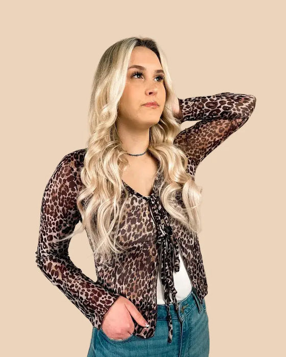 Leopard Sheer Long Sleeve V Neck Lace Top Dear lover