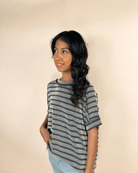 Ribbed Striped Exposed Seam Top ZENANA