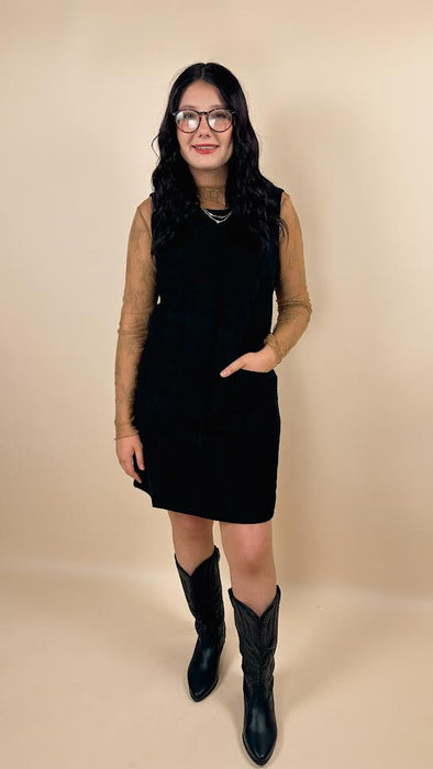 Black Corduroy Sleeveless Mini Dress With Patched Pockets