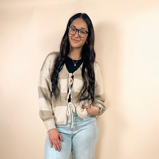 Khaki Striped Color Block Brushed Knit Bow Tie Front Sweater Cardigan