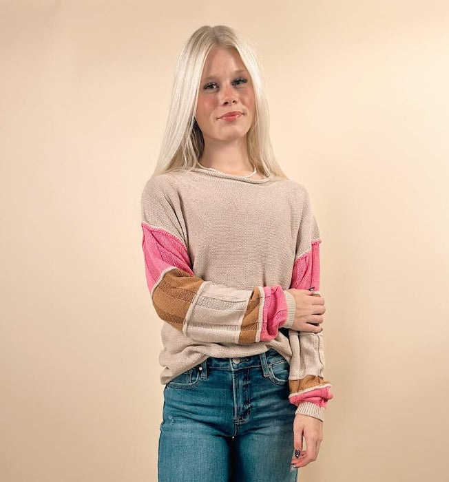 Taupe Color block Exposed Seam Round Neck Sweater