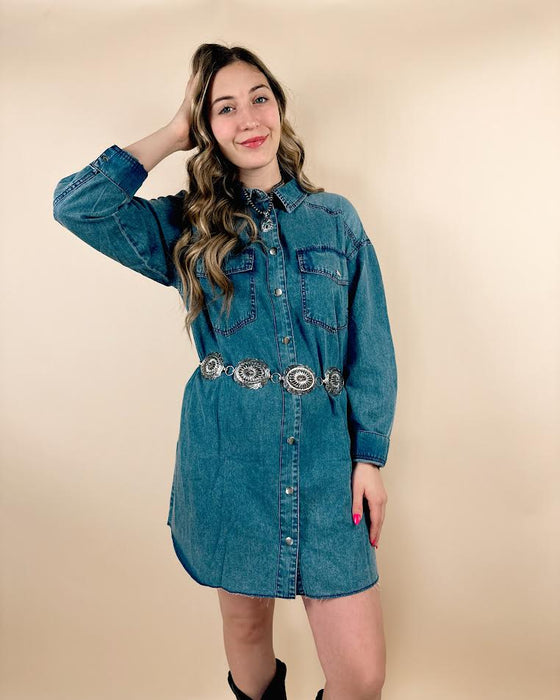 Chest Pocket Denim Shirt Mini Dress