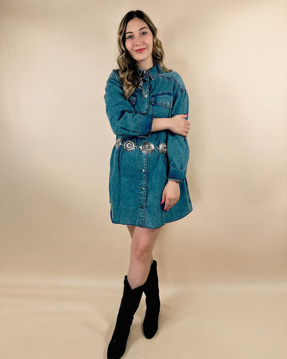 Chest Pocket Denim Shirt Mini Dress