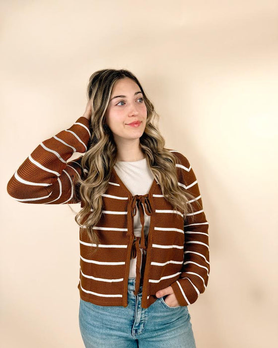 Striped Front Tie  V Neck Cardigan