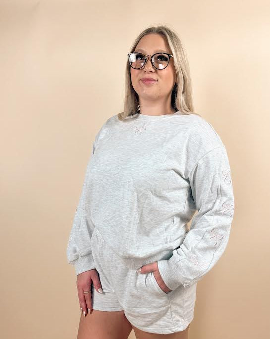 Girly Bow Embroidered Pullover & Short Set