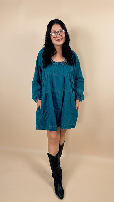 Dusk Blue Square Neck Side Pockets Loose Fit Denim Mini Dress