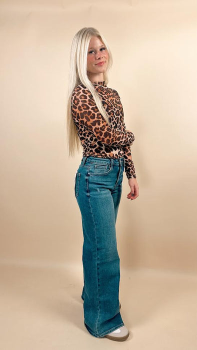 Brown Leopard Long Sleeve Mesh Top