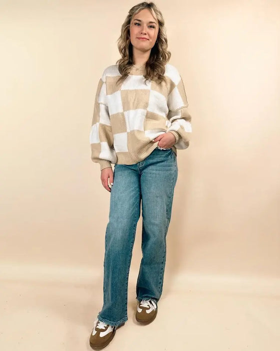 Checkered Bishop Sleeve Sweater Fashionworks