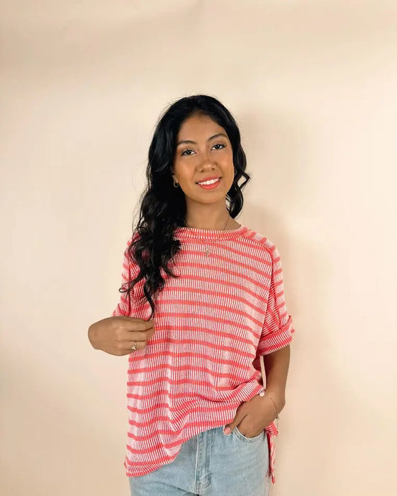 Ribbed Striped Exposed Seam Top ZENANA