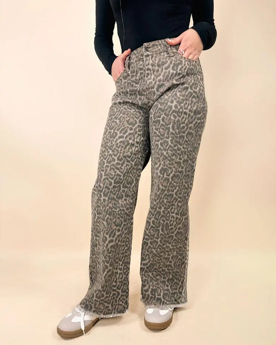 Brown Leopard Frayed Wide Leg High Waist Jeans Dear lover