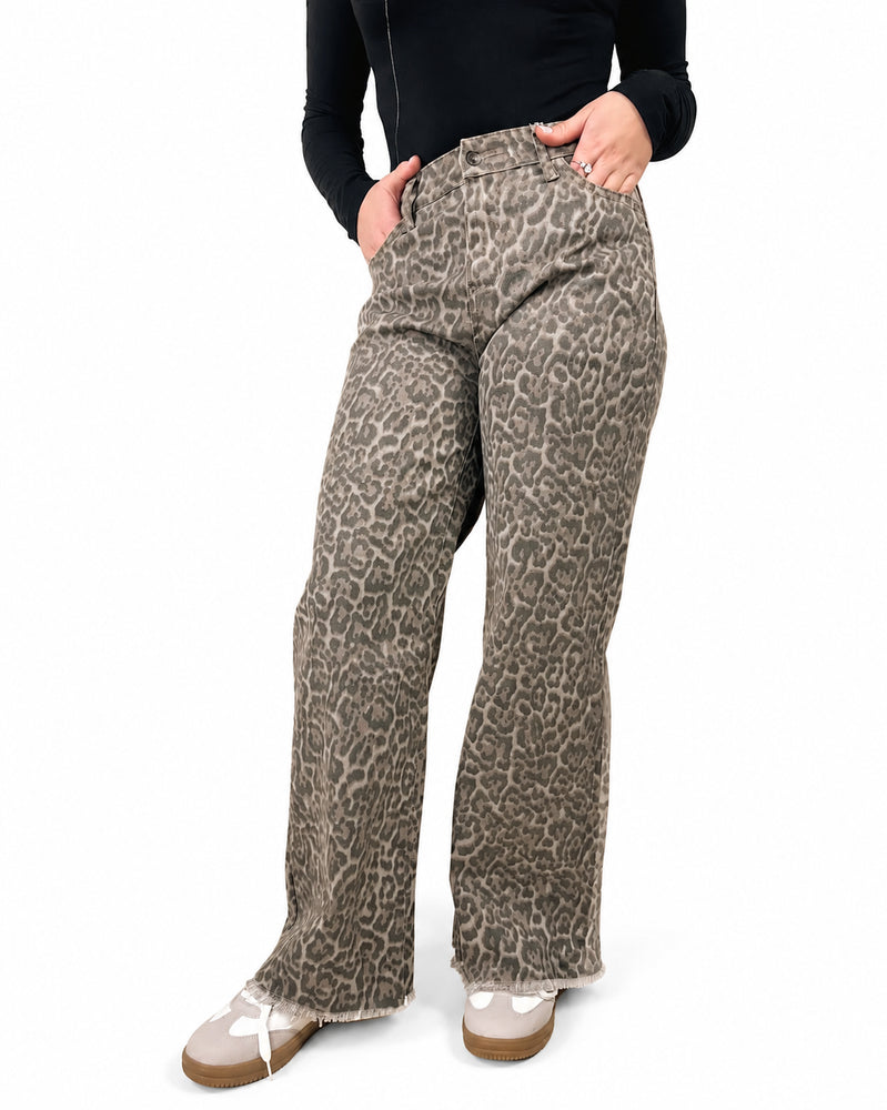 Brown leopard frayed wide leg high waist jeans - detail view on white background
