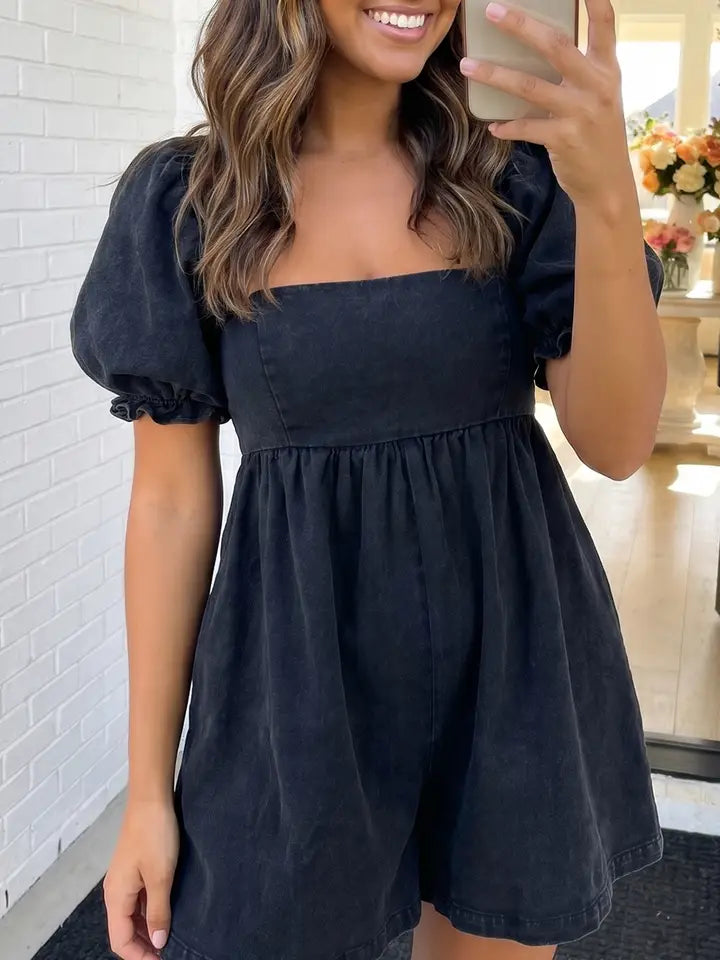 Black Denim Square Neck Smocked Short Puff Sleeve Flared Romper
