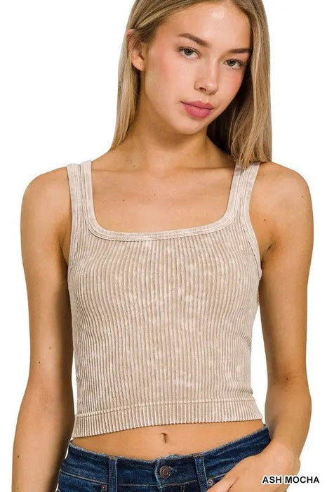2 Way Neckline Seamless Washed Ribbed Tank Top - LECCE