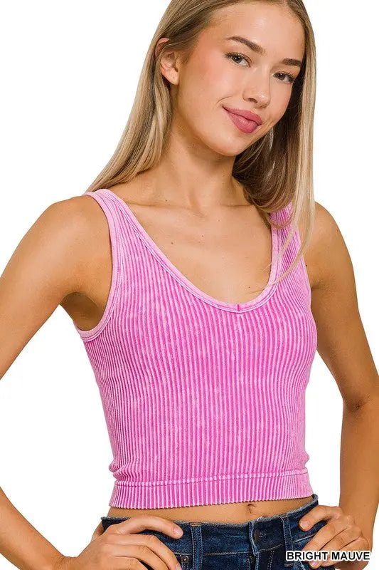 2 Way Neckline Seamless Washed Ribbed Tank Top - LECCE
