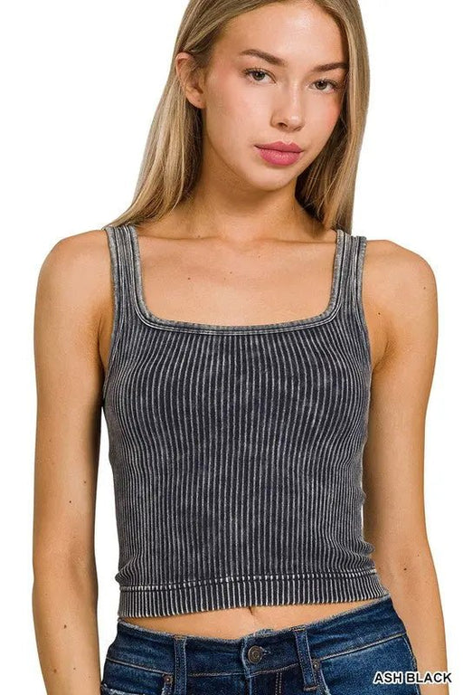 2 Way Neckline Seamless Washed Ribbed Tank Top - LECCE