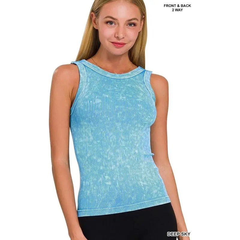 2 Way Neckline Washed Ribbed Cropped Tank Top - LECCE