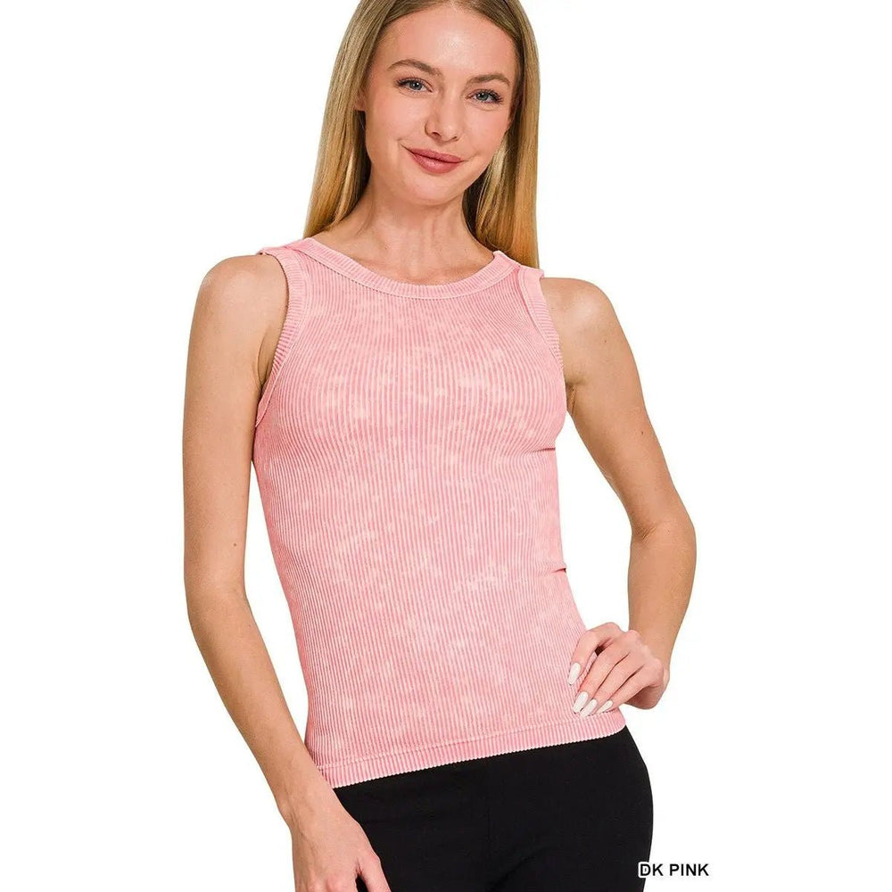 2 Way Neckline Washed Ribbed Cropped Tank Top - LECCE