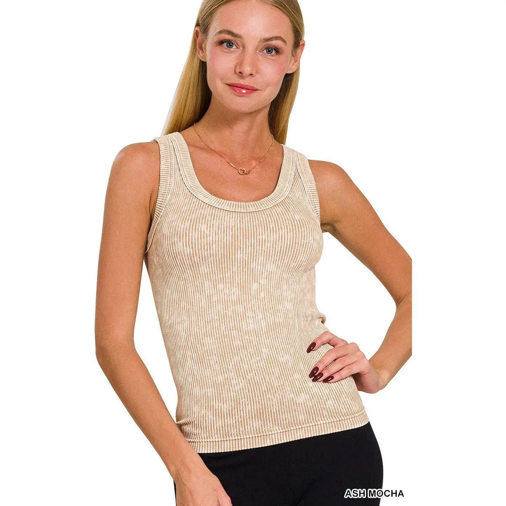 2 Way Neckline Washed Ribbed Cropped Tank Top - LECCE