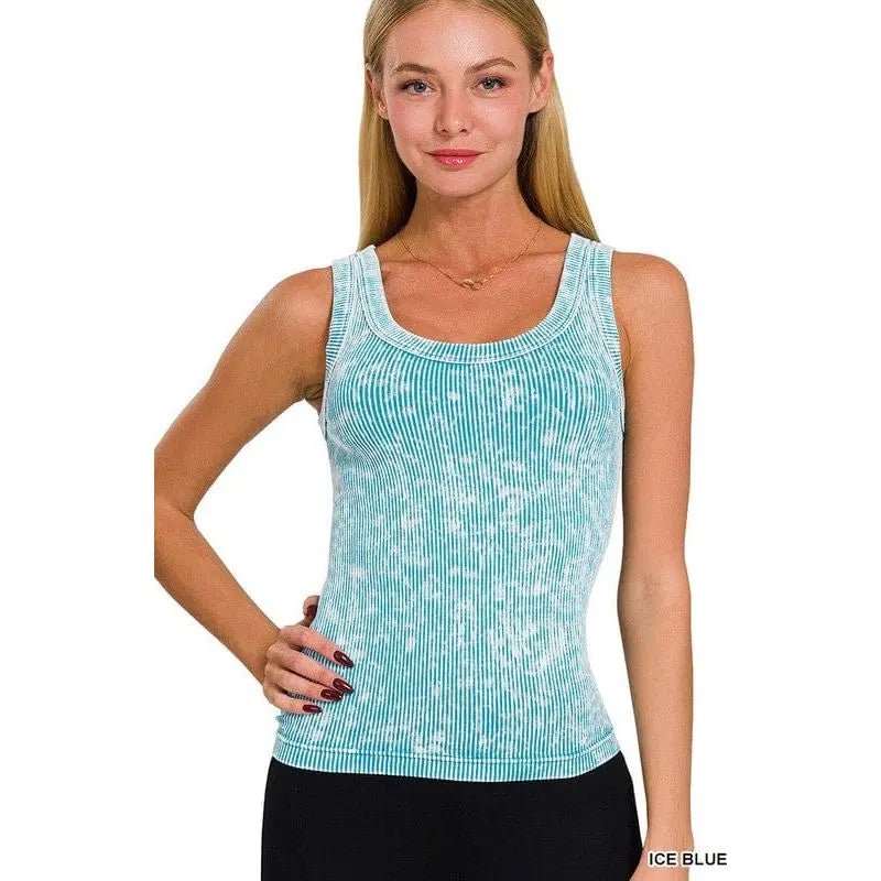 2 Way Neckline Washed Ribbed Cropped Tank Top - LECCE