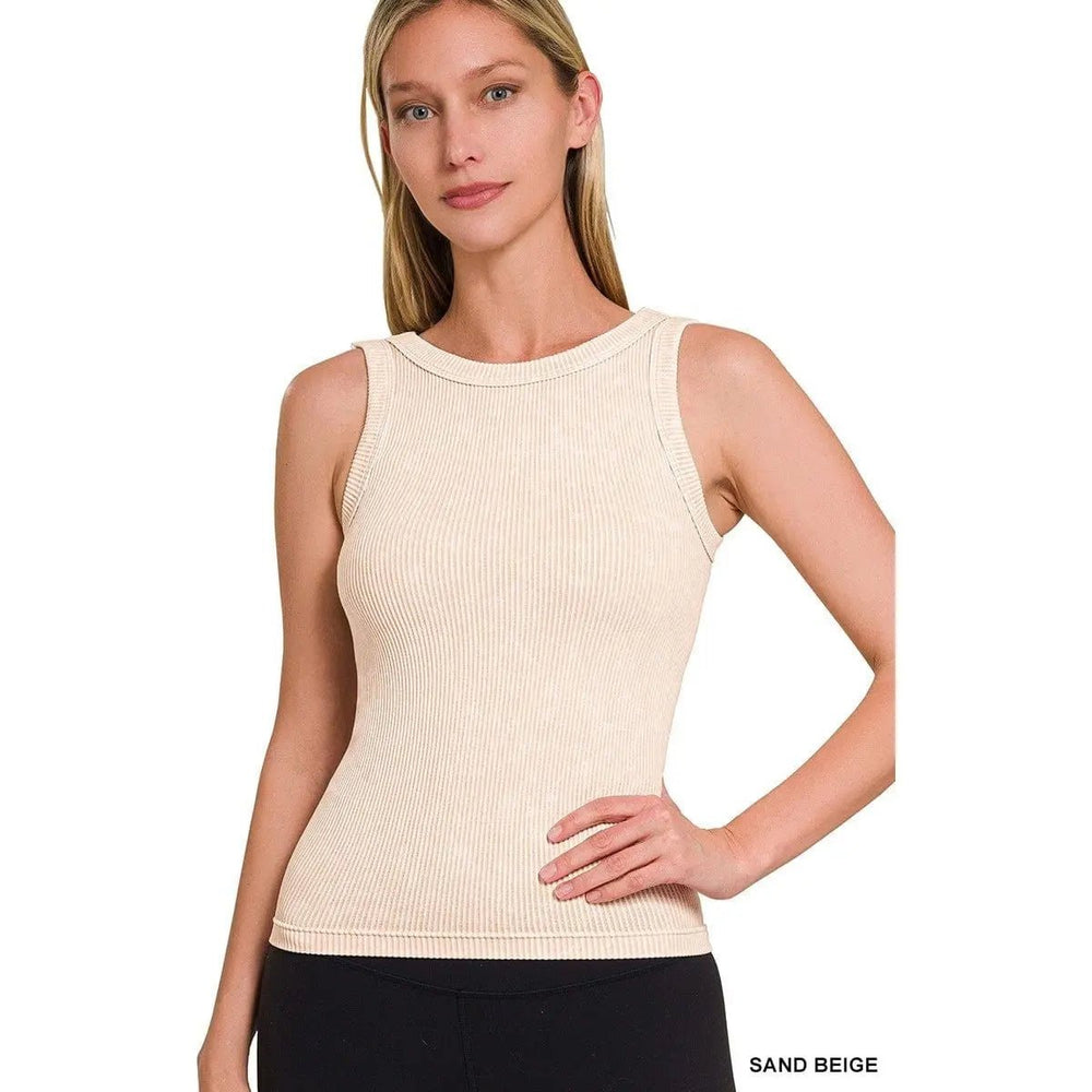 2 Way Neckline Washed Ribbed Cropped Tank Top - LECCE